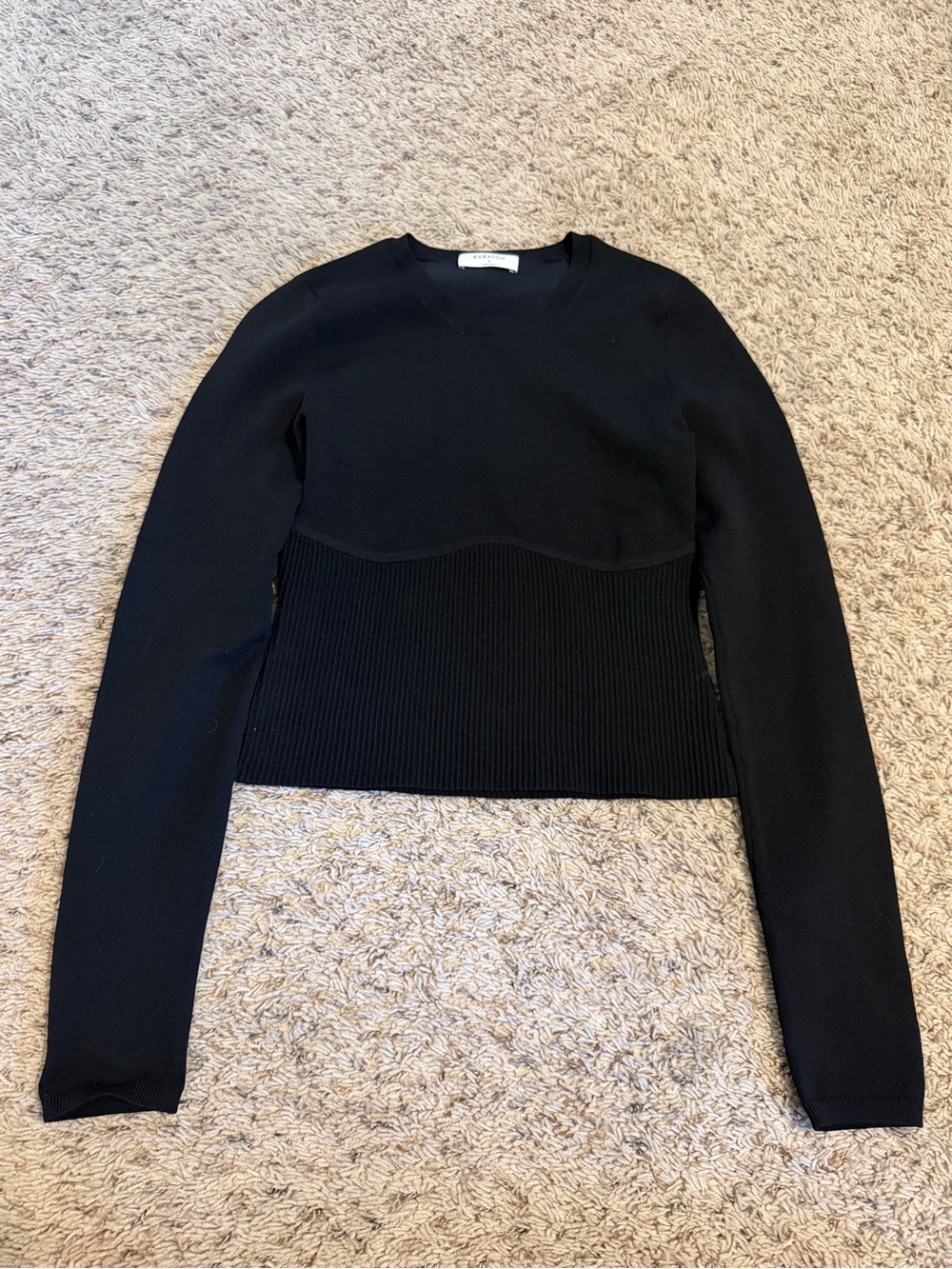 Babaton Black Ribbed-Waist Long Sleeve Top - Size S